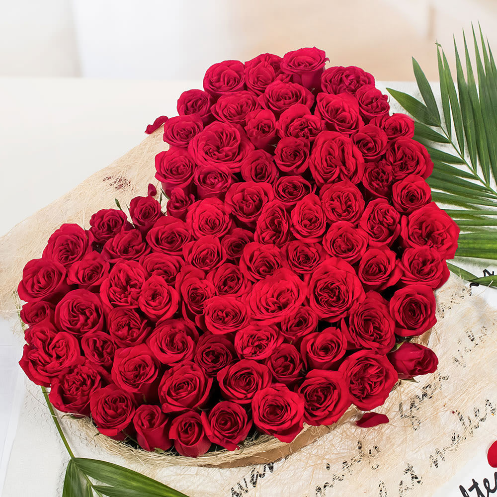 75 red roses heart shape arrangement